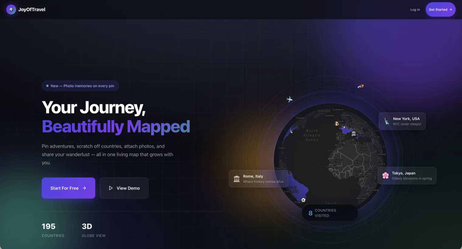 Travel app landing page design — interactive map and trip planner built by N1